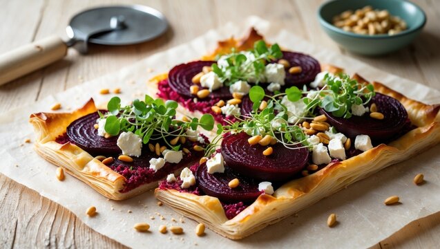 Savory Beetroot Tart with Feta, Caramelized Onion, Pine Nuts, Microgreens, and Phyllo Dough &acirc;&euro;&rdquo; A Vegetarian Pastry Option