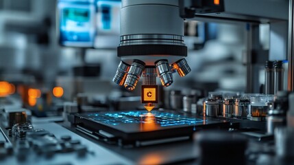 Fototapeta premium Laboratory microscope analyzing a circuit board in modern scientific setting