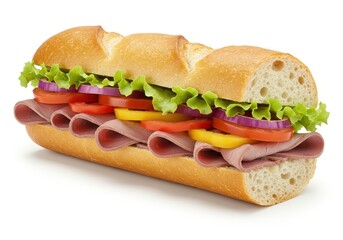 Submarine sandwich with ham, lettuce, tomato, onion, and bell pepper on white background