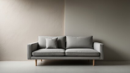 Modern grey couch adjacent to wall within cozy home interior