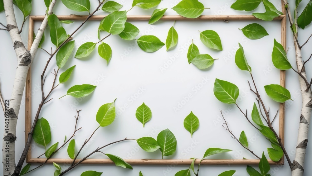 Poster summer-inspired layout with isolated birch tree branches and fresh green leaves on a textured backgr