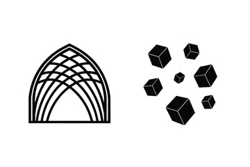 Architectural abstract illustration with an arched structure and scattered 3d cube elements