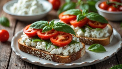 Healthy savory toast featuring feta, cherry tomato, and basil on a rustic table