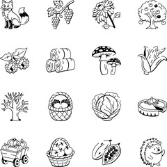 Set of 16 Fall Season Doodle Style Icons 
