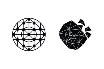 Abstract geometric designs featuring a spherical network and a polygonal structure.