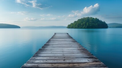 Fototapeta premium A large wooden dock stretching over tranquil lake waters, surrounded by nature and blue skies.