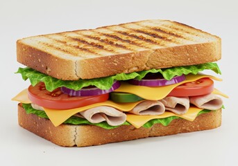Close-up of a grilled sandwich with turkey, cheese, and fresh vegetables