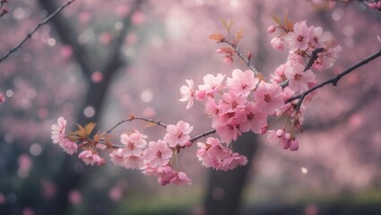 Elegant sakura flowers with tender pink petals in a Japanese garden scene