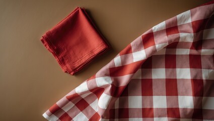 Fototapeta premium Flat lay of a red kitchen napkin on a table background with folded cloth for mockup and space for design, high-quality photo