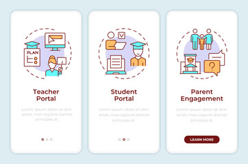 Educational access portals onboarding mobile app screen. Walkthrough 3 steps editable graphic instructions with linear concepts. UI, UX, GUI. Montserrat SemiBold, Regular fonts used