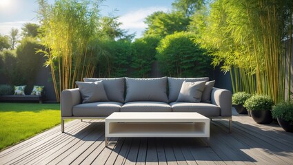 Comfy couch on outdoor terrace near bamboo plants during sunny day