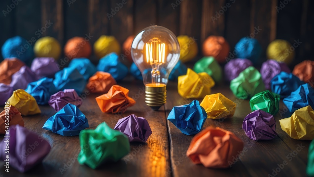 Aufkleber creative idea presentation with a rainbow-colored crumpled paper circle and illuminated bulb on a wo