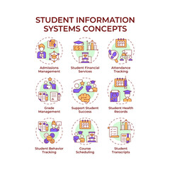 Student information systems multi color concept icons. Grades management. Teaching, coaching. Icon pack. Vector images. Round shape illustrations for article, infographic. Abstract idea