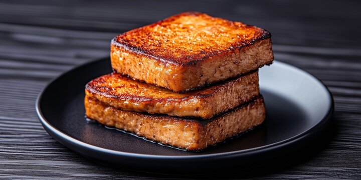 Golden brown pan-fried scrapple slices stacked on a black plate