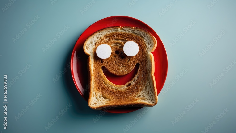 Aufkleber plate featuring bread toast with happy face, top view with background