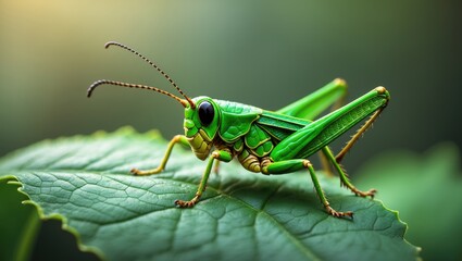 Wildlife scene featuring a green grasshopper on a lush green leaf in outdoor environment