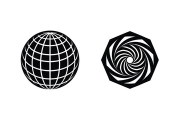 Abstract globe and swirling geometric shapes in black and white design