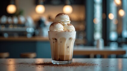 Ice-cold affogato featuring vanilla, cream, and coffee on a rustic wooden table