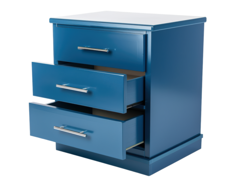 Isolated Modern Blue Bedside Table with Open Drawers