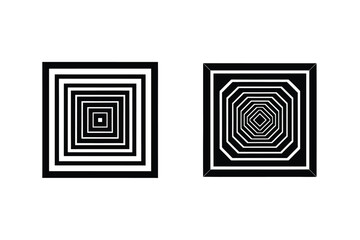 Two black and white geometric square optical illusion designs with an eye-catching spiral effect
