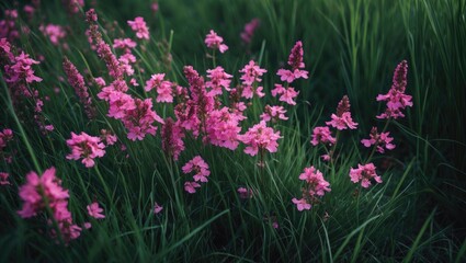 Fototapeta premium Pink Wildflowers in Full Bloom Amidst Vibrant Green Grass