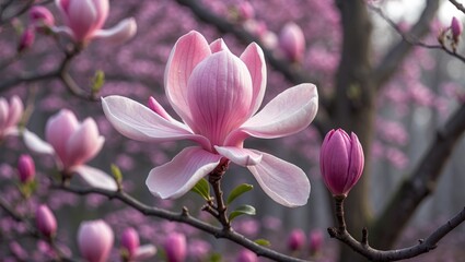 Fototapeta premium Fresh pink blossoms on a tree in the park, macro photography of blooming flowers with floral background