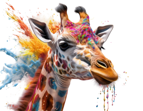 Colorful Giraffe Portrait with Artistic Splash Background in a Whimsical Setting on transparent background