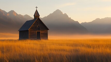 Wooden church stands serene amidst golden field and misty mountains.