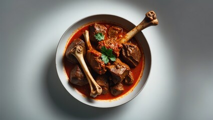 Fototapeta premium Delicious mutton curry with herbs and spices on neutral background