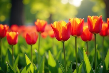 Vibrant tulips in a lush green meadow, sunny day, bloom, background