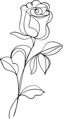 Elegant Single Line Drawing of a Rose Flower with Leaves © Farzana