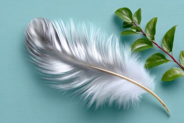 Obraz premium Soft white feather and green twig lying on a turquoise background