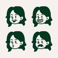 Set of cute cartoon girl faces with different emotions including happy, angry, winking, and serious expressions. Simple flat vector for emoji, stickers, or character design