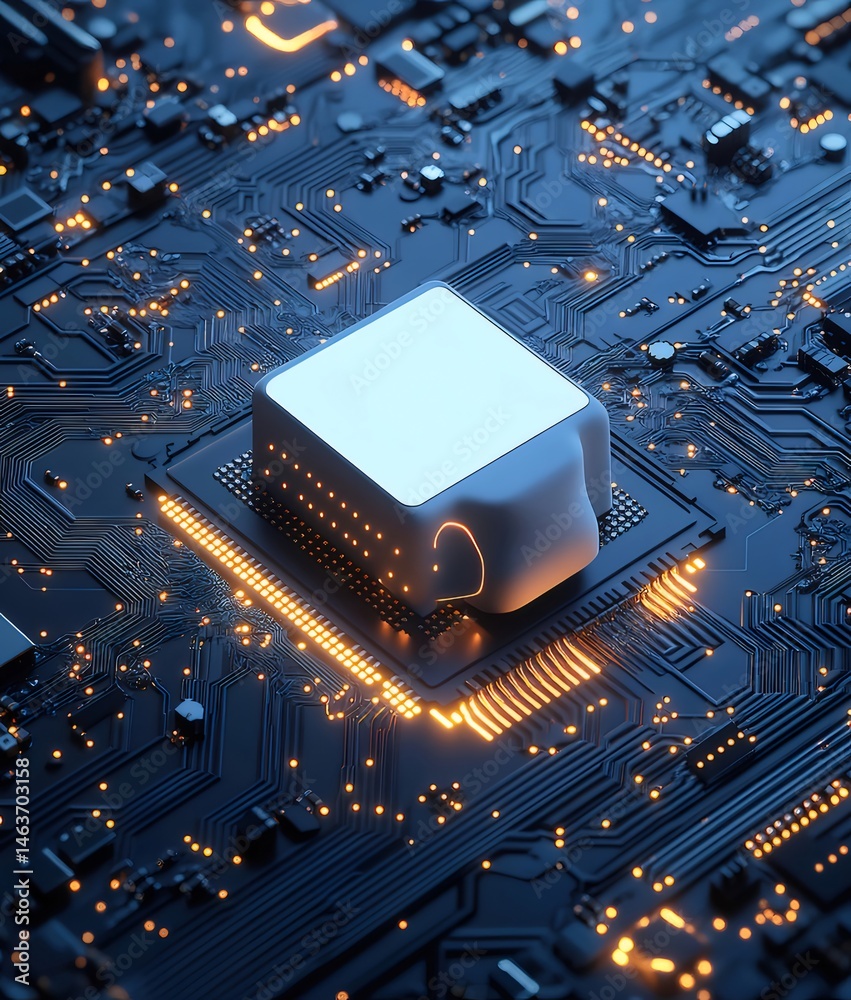 Poster オレンジ色の光で照らされた青色の電子回路基板のクローズアップ 未来的な技術と複雑なパターンを示す抽象的なハイテクデザイン