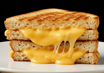 Stacked grilled cheese sandwich with melted cheese on white plate against dark background