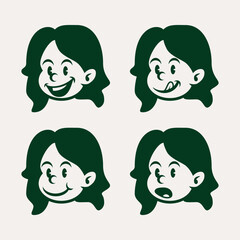 Set of cute cartoon girl faces with different emotions including happy, angry, winking, and serious expressions. Simple flat vector for emoji, stickers, or character design