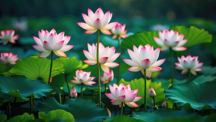 Panoramic shot of colorful water lilies in full bloom with a soft green backdrop