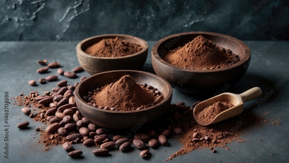 Poster chocolate beans and powdered cocoa in bowls set against a black surface