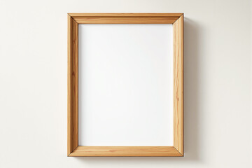 Empty wooden frame with white space inside placed vertically on a light wall background in minimalist style, concept of mockup or presentation. Ai generative
