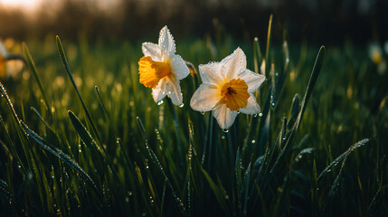 Obraz premium Close up of daffodils flowers with water droplets on petals springtime bloom floral garden photography