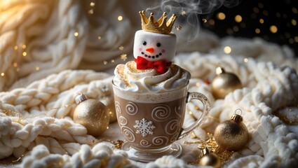 Obraz premium A cheerful marshmallow snowman crowns a festive dessert, adorned with holiday decorations and surrounded by celebratory confetti