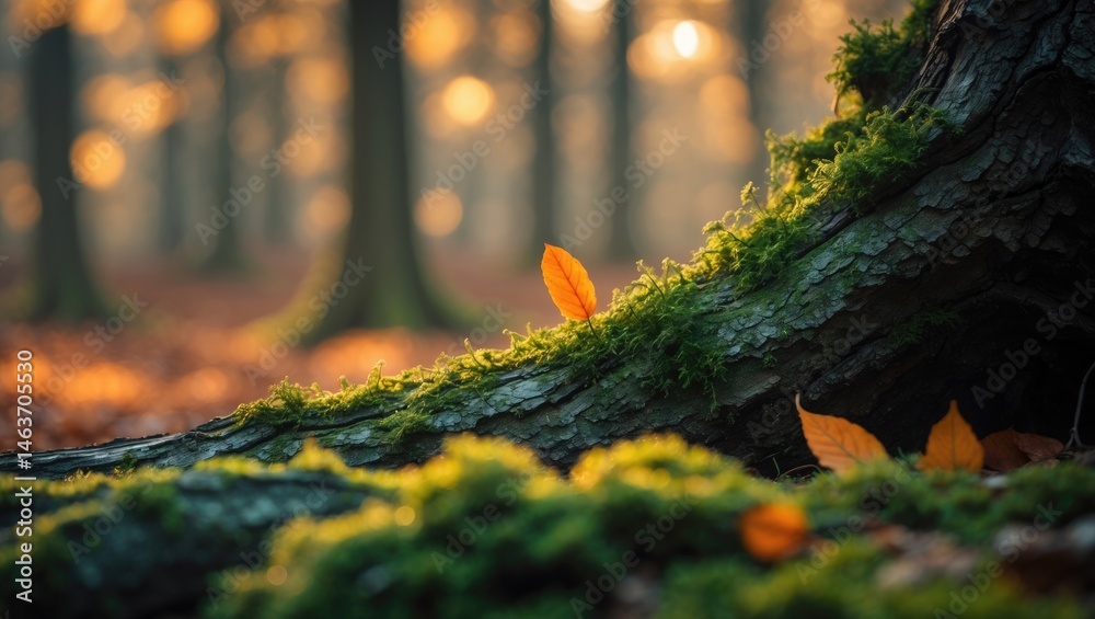 Aufkleber autumn forest landscape featuring overgrown tree trunk close-up for design templates and copy space 