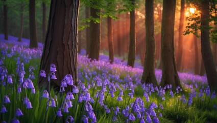 Vibrant bluebell forest in Norfolk during spring sunset