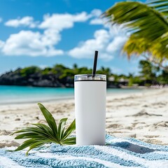 White tumbler with straw on beach