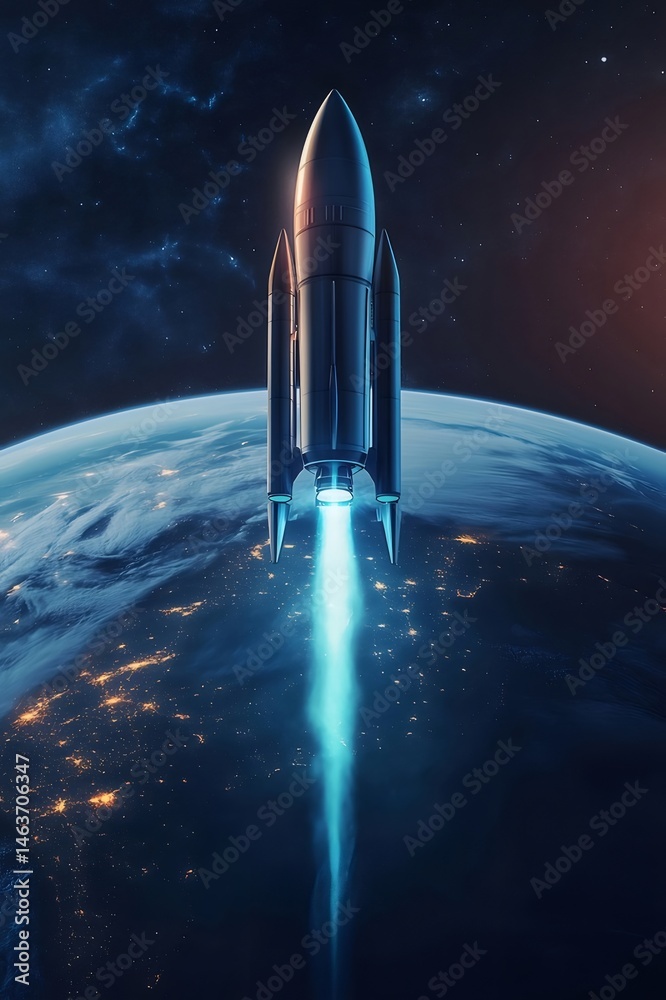 Poster 青い輝きを放つロケットが地球から宇宙へ打ち上げられる様子を描いたピクセルアート 宇宙空間に浮かぶ惑星の都市の明かりが未来的な冒険を照らす