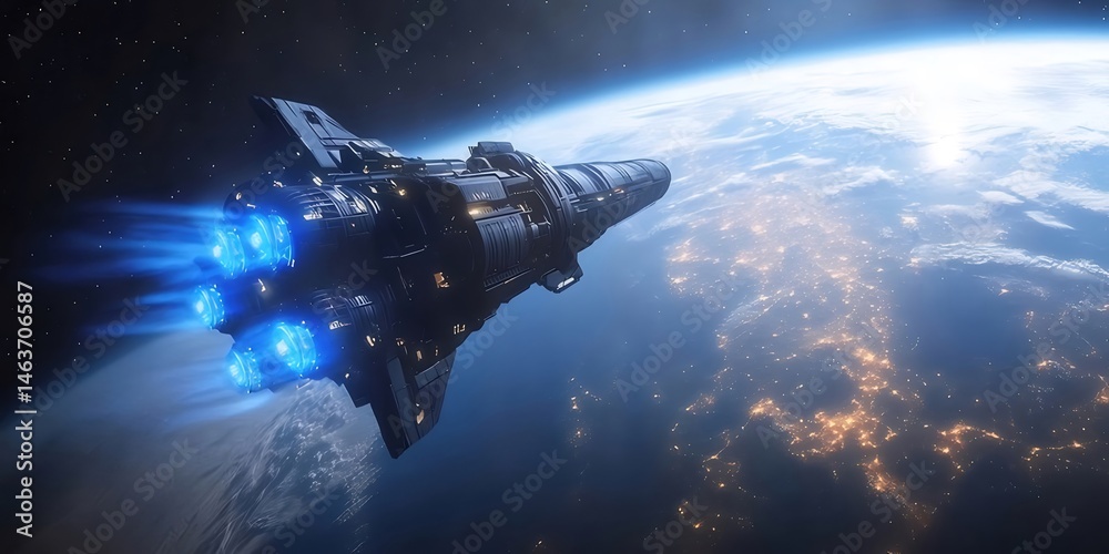 Aufkleber 青い推進力と地球の背景を持つピクセル化されたスペースシャトルは宇宙を航海し、未来的な冒険、航空技術、航空宇宙輸送のイラストレーションを描きます