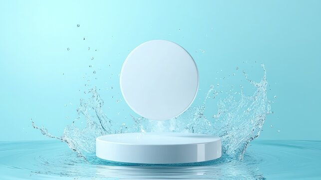 White cylindrical platform in water splash clean minimalist product display