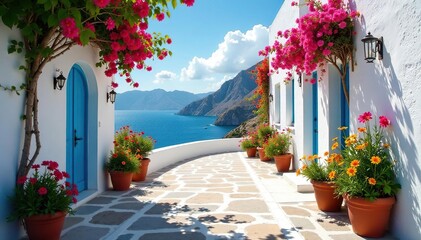 Naklejka premium Sun-drenched whitewashed village, vibrant flowers , mountain, street, spanish