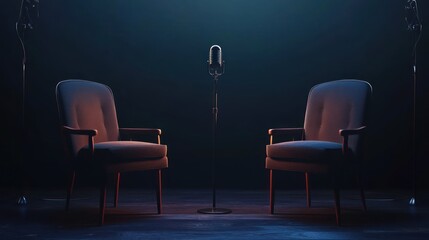 a retro podcast setup with two comfortable armchairs facing each other and a classic microphone standing between them under dim atmospheric light inviting conversation