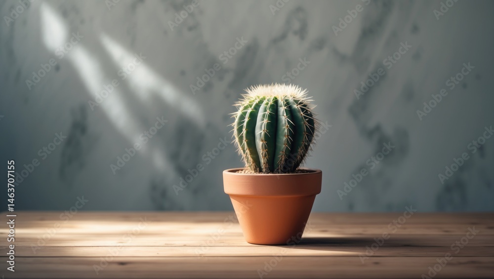 Poster a miniature cactus in a brown container positioned on a wooden table